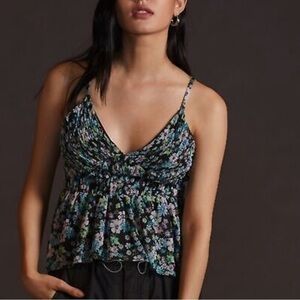 Anthropologie Black Floral Spaghetti Strap Peplum Top